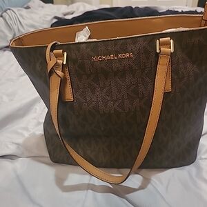 Michael Kors Brown and Tan Tote with Monogram Print